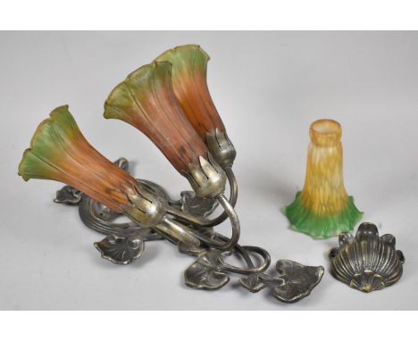 A Reproduction Art Nouveau Style Wall Hanging Three Branch Light Fitting with Spare Coloured Glass Shade 