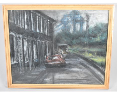 A Framed Modern Pastel, Vehicles in Narrow Lane, M Richards, 49x39cm 