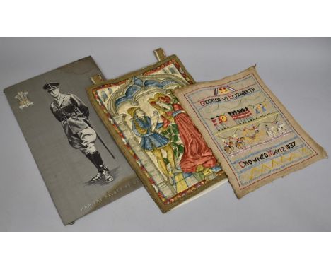 A Printed Silk, HRH The Prince of Wales Together with Hand Embroidered Panel Coronation 1937 and a Continental Wall Hanging P