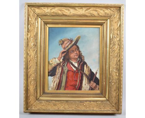 A Gilt Framed Continental Oil Portrait of Travelling Musician, Signed T Lowe 1902, 24x30cm 