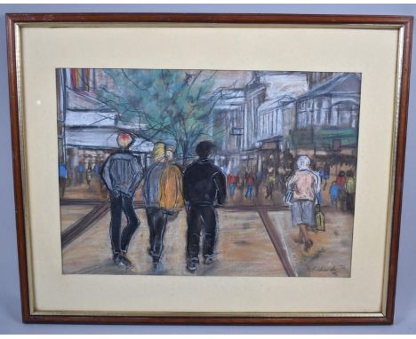 A Framed Pastel Sketch, Shopping Street with Figures, Signed M Richards, 41x29cm 