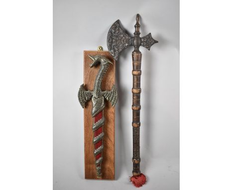 An Ornamental Wall Hanging Dagger with Dragons Head Handle, 45cm Long Together with a Reproduction Ornamental Wooden Handled 