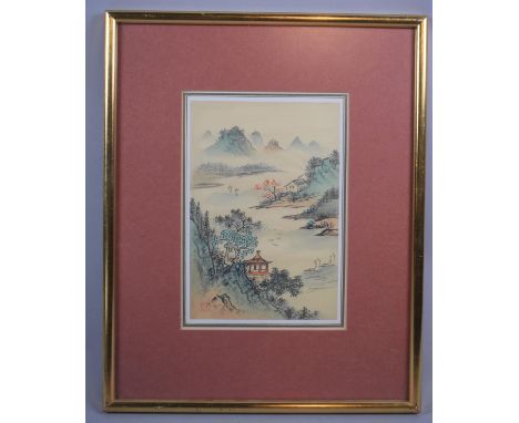 A Framed Oriental Print Depicting Pagoda and Mountains, 13x18cm 