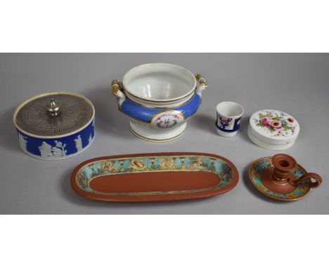 A Terracotta Prattware Pen Tray together with a Bedchamber Stick, with Transfer Printed Griffin Design, Wedgwood Lidded pot, 