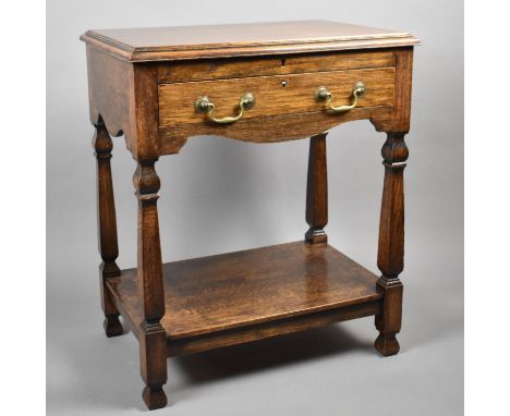 An Edwardian Oak Lift Top Canteen Table with Long Drawer and Stretcher Shelf, No Cutlery, 64cm Wide 