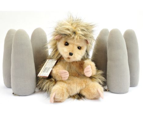 Charlie Bears glove puppet Huffle Hedgehog, designed by Heather Lyell, 12"/30cm plus six puppet stands 9"; Excellent; (7).