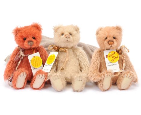 Charlie Bears Minimo Collection teddy bear trio: (1) Diddy, designed by Isabelle Lee, LE 557/2000, light warm brown mohair an