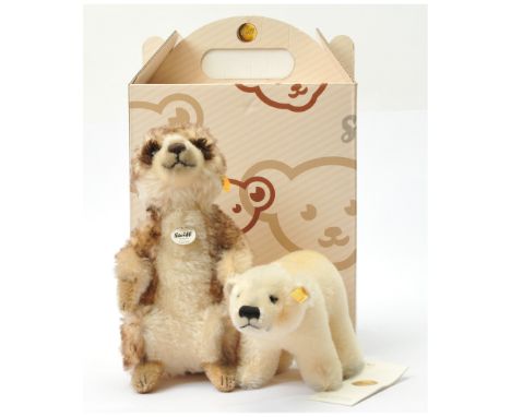 Steiff pair of animals: (1) Steiff Cockie meerkat, yellow tag 045257, white and white with brown tip mohair, in upright posit