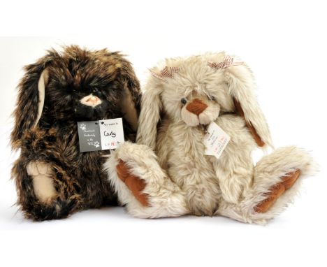 Kaycee Bears pair of rabbits, designed by Kelsey Cunningham, includes: (1) Carly, LE 19/30, shades of brown plush, with swing