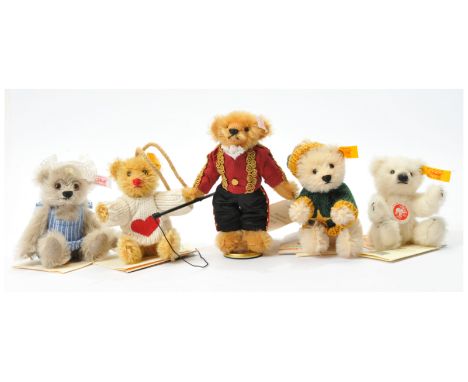 Steiff mini teddy bear group x five including: (1) Polar bear, yellow tag 039409, white alpaca, chest tag, swing label, 4"/10