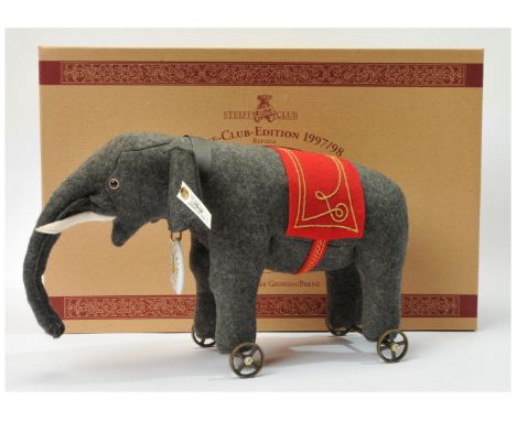 Steiff Replica Elephant on wheels, white tag 420115, Club edition 1997/98, grey felt, ceramic medallion, certificate, SLIGHT 