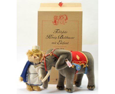 Steiff Teddy Bear King Balthazar with an Elephant, white tag 037832, comprising mohair teddy bear and grey mohair elephant, l