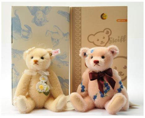 Steiff Summer teddy bear pair including: (1) Summer teddy bear, pink mohair with blue embroidered cornflowers, white tag 6566