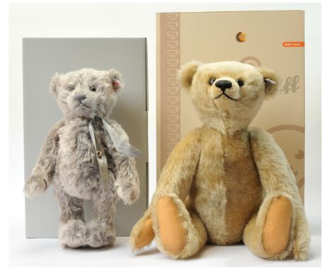 Steiff teddy bear pair including: (1) Steiff Club Edition 2017 teddy bear, white tag 421396, LE 1992, grey mohair, wearing gr