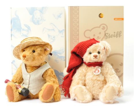 Steiff teddy bear pair including: (1) Steiff Picnic Papa teddy bear, white tag 021473, LE 1000, 2016, reddish blonde mohair, 