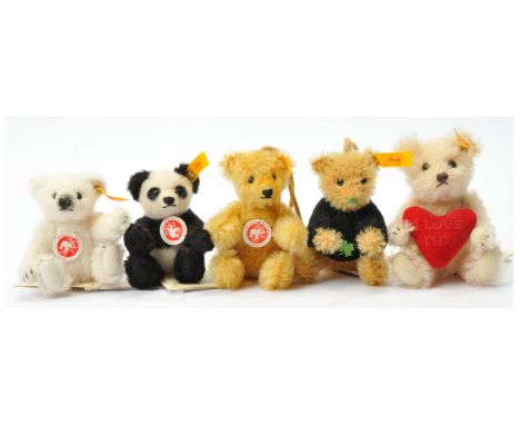 Steiff mini teddy bear group x five including: (1) Polar bear, yellow tag 039409, white alpaca, chest tag, swing label, 4"/10