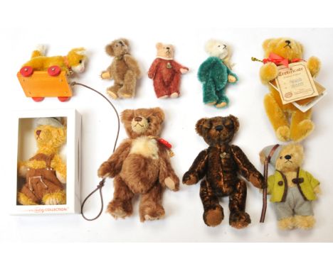 Teddy-Hermann mini teddy bear group x nine including: (1) unnamed teddy bear, LE 5000, golden mohair, swing label certificate