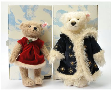 Steiff teddy bear pair including: (1) Christmas musical teddy bear, white label 036149, LE 1500, white alpaca, blue velvet co