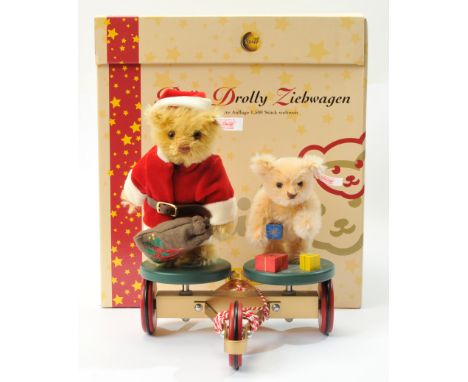 Steiff Rolly Drolly Pull Wagon, Christmas edition, white tag 037702, comprising golden mohair Teddy Bear wearing red and whit