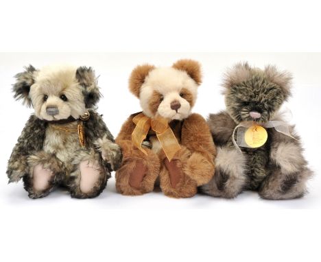 Charlie Bears trio designed by Isabelle Lee including: (1) Kieran teddy bear, CB104714, light and dark grey plush, with swing