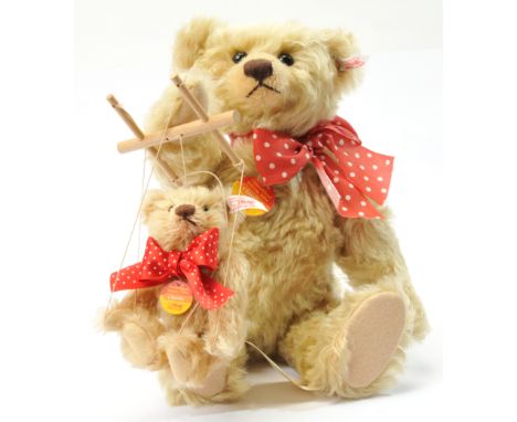 Steiff Teddy Puppeteer teddy bear, German exclusive, white tag 671784, LE 1500, 2004, golden blonde mohair, with miniature te
