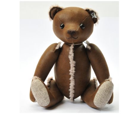 Steiff Selection faux leather brown teddy bear, silver / white tag 025884, LE 2000, 2012, made from brown faux leather, with 