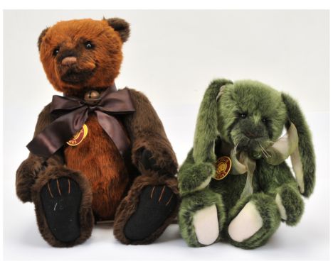 Charlie Bears pair designed by Isabelle Lee including: (1) Clover rabbit, CB131378, dark green with light green tip, with swi
