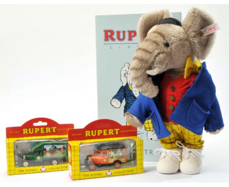 Steiff Rupert the Bear Edward Trunk Classic, white tag 653575, LE 1500, exclusive to UK and Ireland, grey mohair elephant, in