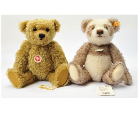 Steiff pair of teddy bears: (1) Steiff Pelle panda bear, yellow tag 027024, cream and cream with brown tip mohair, with chest