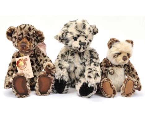 Charlie Bears trio including: (1) Muckypup, CB135010, designed by Heather Lyell, animal print plush, 15"/38cm; (2) Troy panda