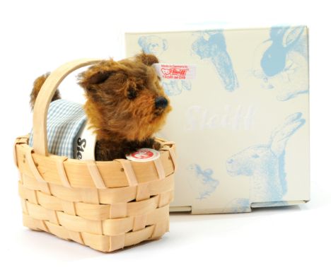 Steiff Wizard of Oz Toto (Dorothy's Dog), white tag 682261, LE 1939, 2012, brown tipped mohair Terrier Dog seated within wick