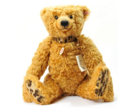 Steiff Desmond teddy bear, white tag 035173, LE 1000, blonde mohair, leopard patterned pads with matching leather collar, ful