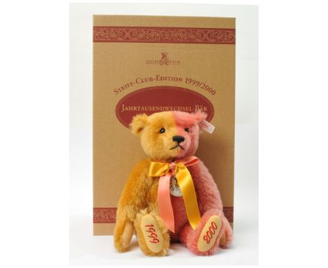 Steiff Club Edition Millennium Bear 1999, white tag 420184, LE, gold and rose pink mohair, ceramic chest medallion, certifica