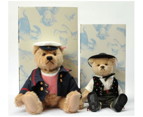 Steiff teddy bear pair including: (1) Steiff Deutscher Trachtenbar Sepp teddy bear, white tag 672200, blonde mohair, fully jo