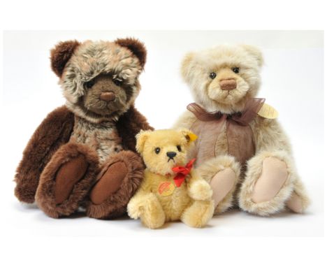 Steiff and Charlie Bears: (1) Steiff Original teddy bear, with yellow tag (illegible) and button, card chest tag, 6&rdquo;/15