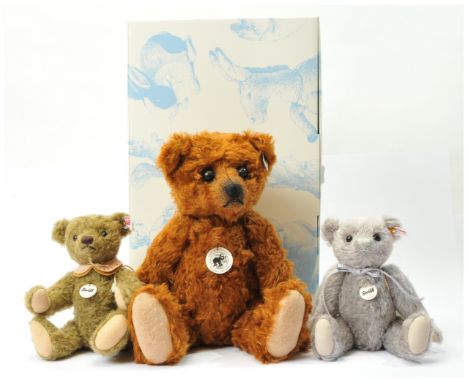 Steiff teddy bear trio including: (1) Teddy bear replica 1906, white tag 403040, LE 1906, 2011, russet mohair, chest tag, cer