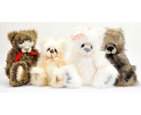 Kaycee Bears group of teddy bears designed by Kelsey Cunningham, including: (1) Gemma, white plush with beige flecks, swing l