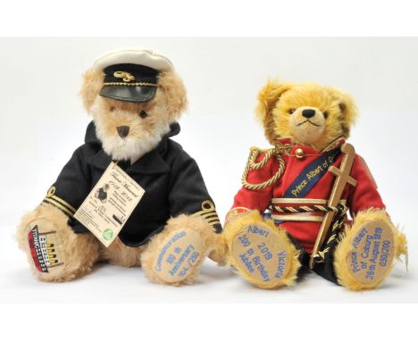 Hermann Spielwaren teddy bear pair including: (1)Titanic Memorial, LE 250, blonde and white mohair bear, tilt growler, dresse