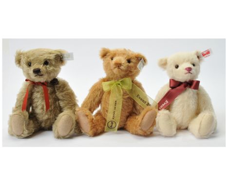 Steiff teddy bear trio including: (1) Event teddy bear 2018, white tag 421488, LE to year 2018, white mohair, pink claw stitc