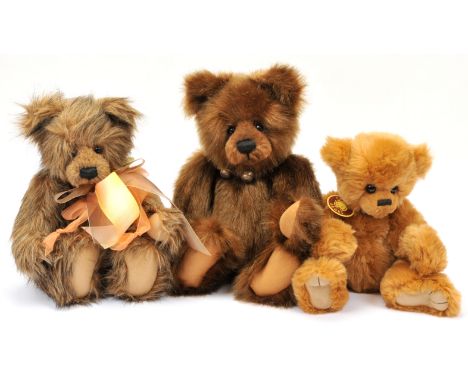 Charlie Bears trio including: (1) Riley teddy bear, CB 110607, co-designed by Heather Lyell and Charlie, golden plush, with m