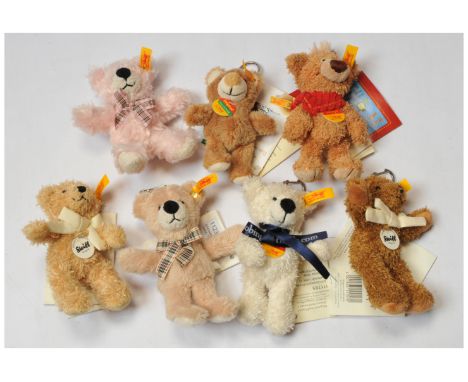 Steiff plush keyring group x seven including: (1) James teddy bear, yellow tag 111570, brown plush, chest tag, swing label 4.