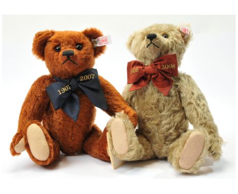 Steiff teddy bear pair including: (1) A Million Hugs teddy bear, white tag 038785, LE 3000, reddish brown mohair, made to mar