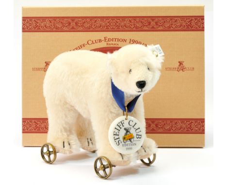 Steiff Club Edition Polar Bear, white tag 420177, winter white mohair Cub on metal spoke wheels, club edition for 1999, ceram