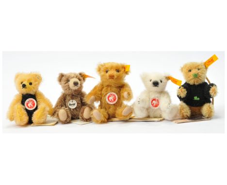 Steiff mini teddy bear group x five including: (1) Classic teddy bear, yellow tag 040023, brown mohair, chest tag, swing labe