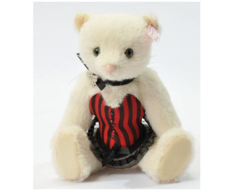 Steiff Pussy Cat, white tag 021190, LE 1111, white alpaca, striped corset, swing label, certificate, Near Mint to Mint, withi
