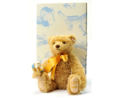 Steiff 135 Year Jubilee teddy bear, white tag 034046, LE 1880, 2015, golden blonde mohair, he holds a felt elephant with a co