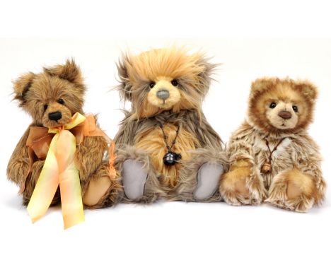 Charlie Bears trio designed by Isabelle Lee including: (1) Diesel 10th Anniversary teddy bear, CB 151575, brown, beige and cr