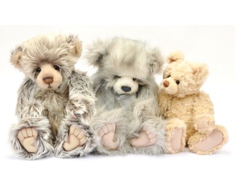 Charlie Bears trio designed by Isabelle Lee including: (1) Hector teddy bear, CB 614845, white with grey tip and grey plush, 