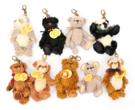 Charlie Bears nine miniature Bag Buddies, designed by Isabelle Lee: (1) Chi panda bear, CB615011, black and white plush; (2) 