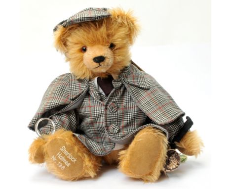 Hermann Spielwaren Sherlock Holmes teddy bear, LE 250, blonde mohair, tilt growler, dressed in deerstalker, with magnifying g